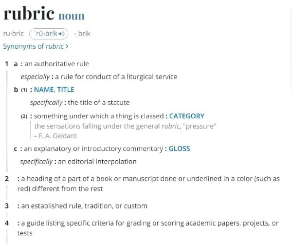 rubric noun ru·​bric ˈrü-brik  -ˌbrik a : an authoritative rule especially : a rule for conduct of a liturgical service b (1) : NAME, TITLE specifically : the title of a statute (2) : something under which a thing is classed : CATEGORY the sensations falling under the general rubric, "pressure" —F. A. Geldard c : an explanatory or introductory commentary : GLOSS specifically : an editorial interpolation 2 : a heading of a part of a book or manuscript done or underlined in a color (such as red) different from the rest 3 : an established rule, tradition, or custom 4 : a guide listing specific criteria for grading or scoring academic papers, projects, or tests